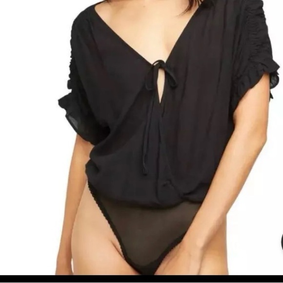 NWT .. Free People Black Tie Front Ruched Bodysuit - Picture 1 of 16